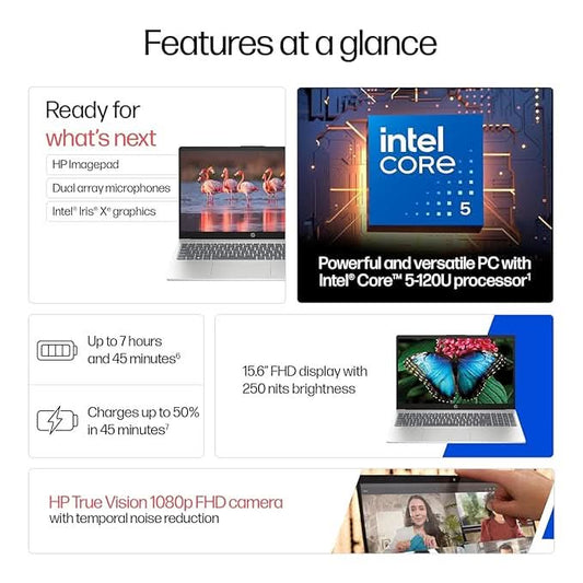 HP 15, Intel Core 5-120U(16GB DDR4, 512GB SSD) FHD, Anti-Glare, Micro-Edge, 15.6''/39.6cm, Win11, M365 Basic(1yr), Office Home24, Silver,1.59kg, FD0682TU, FHD Camera w/Privacy Shutter, Backlit Laptop