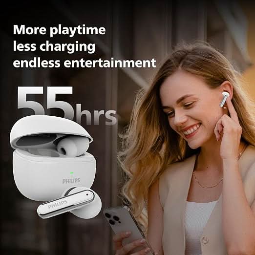 Philips 1150WTHP Premium Wireless Earbuds with ANC, Quad Mic ENC, Up to 55 hr Playtime White