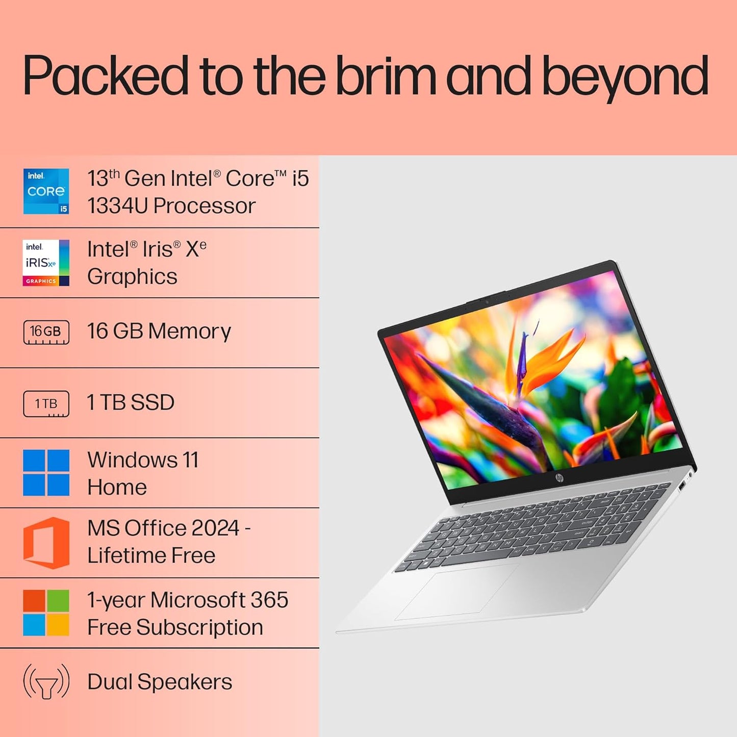 HP 15, 13th Gen Intel Core i5-1334U (16GB DDR4, 1TB SSD) FHD, Anti-Glare, Micro-Edge, 15.6''/39.6cm, Win11, M365(1yr) Office24, Silver, 1.59kg, FD0552TU, Iris Xe, FHD Camera w/Shutter, Backlit Laptop