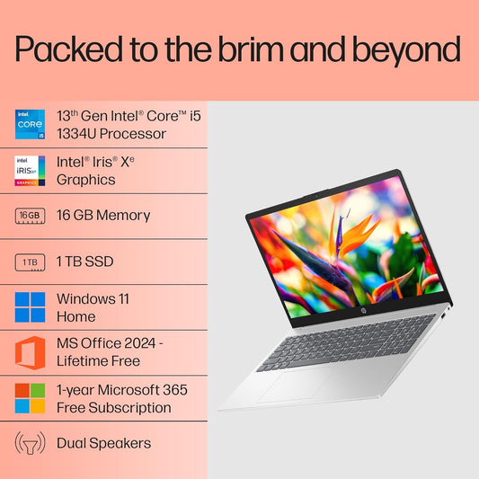 HP 15, 13th Gen Intel Core i5-1334U (16GB DDR4, 1TB SSD) FHD, Anti-Glare, Micro-Edge, 15.6''/39.6cm, Win11, M365(1yr) Office24, Silver, 1.59kg, FD0552TU, Iris Xe, FHD Camera w/Shutter, Backlit Laptop