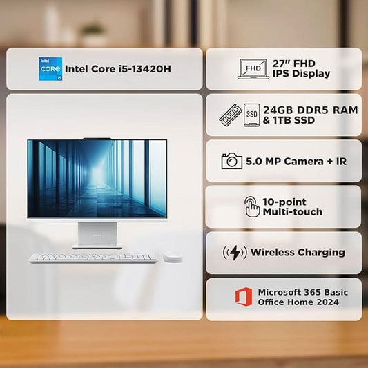 Lenovo IdeaCentre AIO Intel Core i5-13420H 27" FHD Touchscreen (24GB RAM/1TB SSD/Win11/Microsoft 365 + Office 24/3Wx2 Harman/Wireless EOS Keyboard & Mouse,Grey), F0HM00W3IN All-in-One Desktop