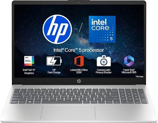 HP 15-fd0665TU Laptop, Intel Core 5 120U, 16GB RAM, 512GB SSD, 15.6 Inch FHD Display, Windows 11 Home, Microsoft Office, Natural Silver