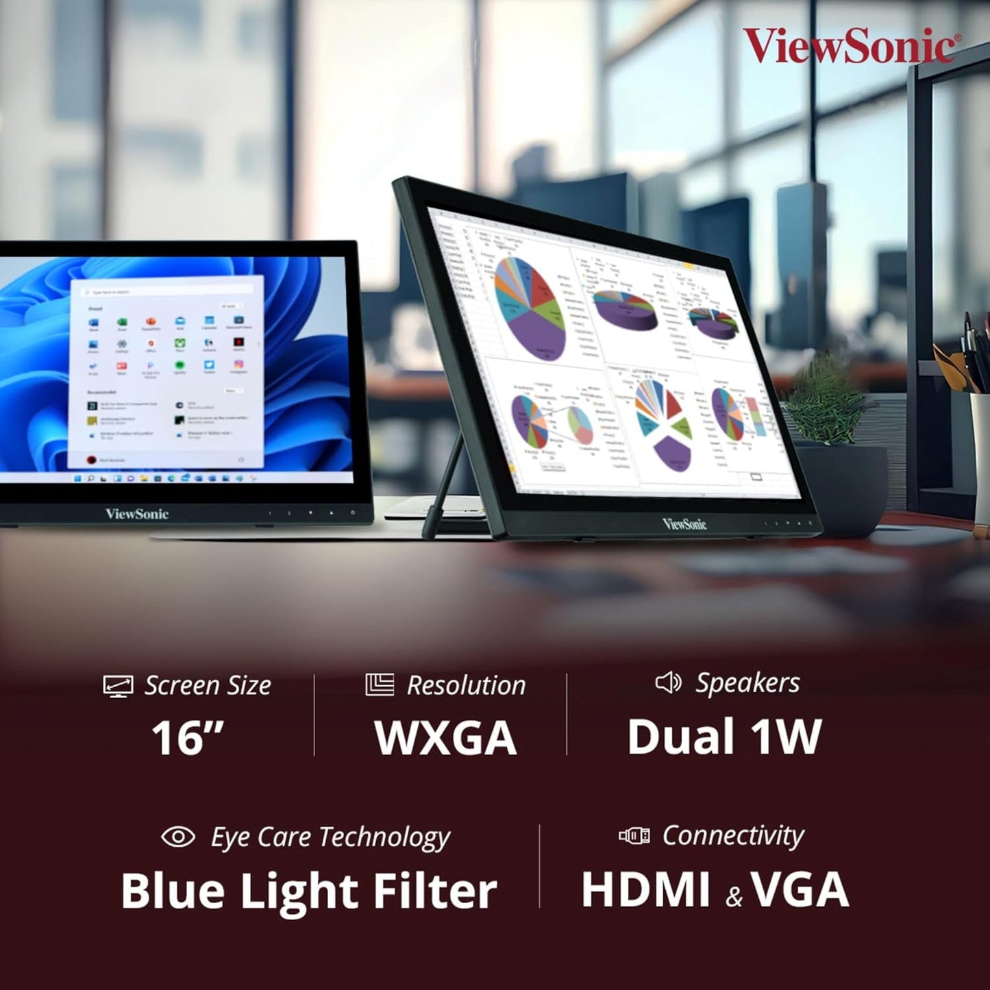 ViewSonic TD1630-3 40.64 Cm(16") Touch Portable Monitor with10-Point Capacitive Touch | Advanced Ergonomic | 7H Hardness Screen | EyeCare | Integrated Speakers| VGA| HDMI |USB 2.0 Type B
