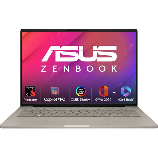 ASUS ZENBOOK A14,SNAPDRAGON X,COPILOT+ AI PC(QUALCOMM ADRENO IGPU/45TOPS/16GB/512GB/FHD+/14"/BACKLIT KEYBOARD/WINDOWS 11/M365 BASIC (1YEAR)*/OFFICE HOME 2024/ZABRISKIE BEIGE/0.98 KG) UX3407QA-QD258WS
