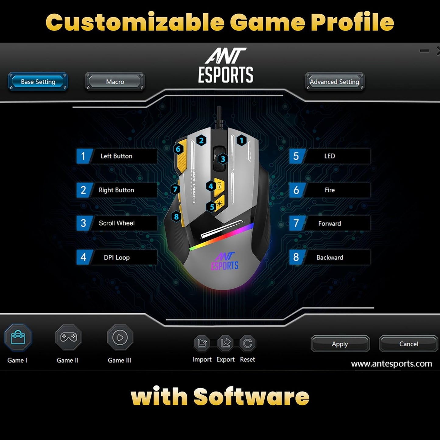 ANT ESPORTS GM333 WIRED OPTICAL ERGONOMIC DESIGN GAMING MOUSE BLACK/YELLOW/WHITE