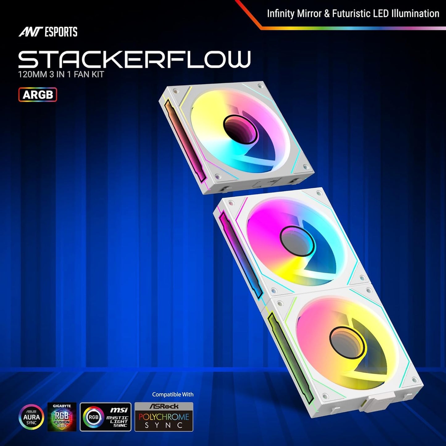 ANT ESPORTS STACKERFLOW KIT 120MM 3-IN-1 CASE FAN KIT ARGB (WHITE)