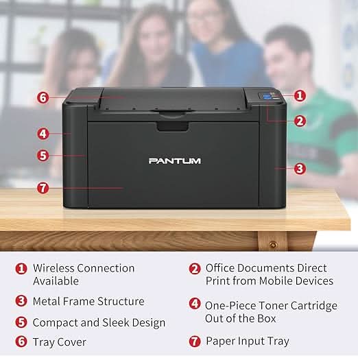 PANTUM P2512W Printer for Home and Office, Wireless, Single Function, Print, Hi-Speed USB 2.0, 22 ppm, 1-Year Warranty, Black Includes 1600 Page Start Toner Cartridge
