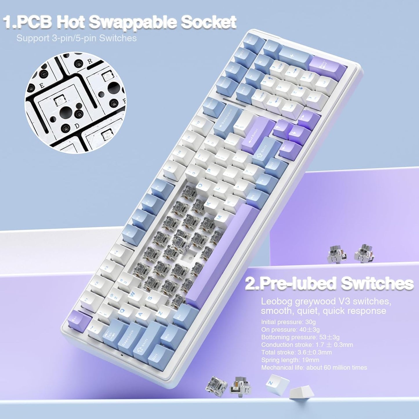 AULA F99 BLUE WHITE GRAYWOOD SWITCH MECHANICAL GAMING KEYBOARD