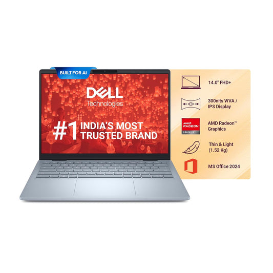Dell DB14255, AMD R7-350 AI Processor, 16GB LPDDR5X RAM, 1TBSSD, FHD Plus 14"/35.56cm, Win 11+Office H&S 2024, Ice Blue, 1.52Kg, 300Nits Display, AMD Radeon Graphics, Backlit+FPS KB, AI Powered Laptop