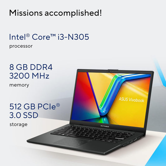 ASUS VIVOBOOK GO 14 (2023), INTEL CORE I3-N305, 14" (35.56 CMS) FHD, THIN AND LIGHT LAPTOP (8GB/512GB SSD/INTEGRATED GRAPHICS/WINDOWS 11/OFFICE 2021/FINGERPRINT/BLACK/1.38 KG), E1404GA-NK322WS
