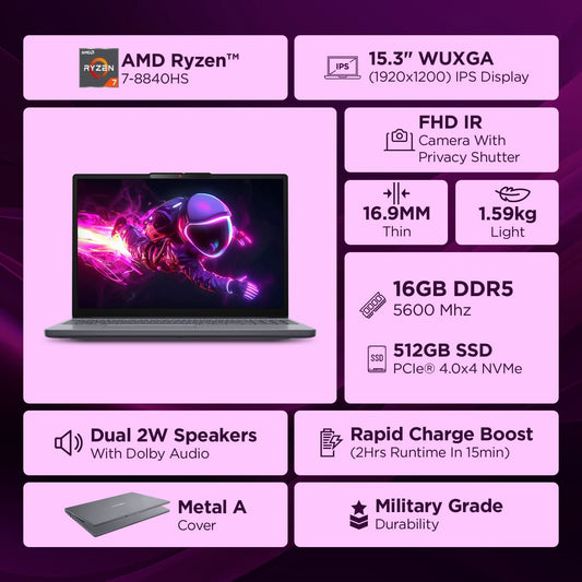 Lenovo IdeaPad Slim 3 AMD Ryzen 7 8840HS, 16GB, 512GB SSD, Integrated AMD Radeon 780M Graphics, 15.3 Inch WUXGA IPS, Win 11, MS Office 2024, Luna Grey, 83KA0048IN