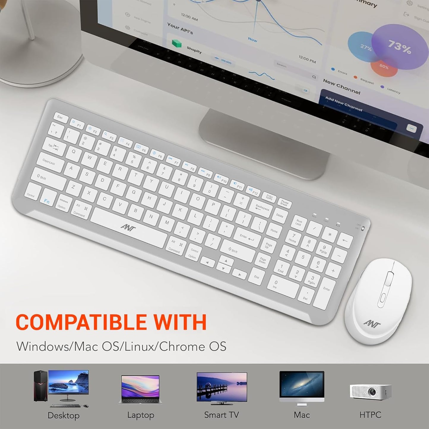Ant WK250 Professional Wireless Keyboard & Mouse Combo White Silver (R-41285455) (ETA-SD-20241110955) (ETA-SD-20241111000)