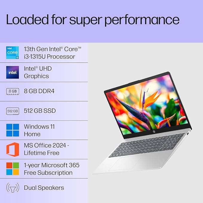 HP 15 Smartchoice, FD0572TU, 13th Gen Intel Core i3-1315U(8GB DDR4,512GB SSD) FHD, Anti-Glare, 15.6 inch, Win11, M365(1yr) x MS Office, 1.59kg, FHD Camera w/Shutter, Backlit Laptop, Silver