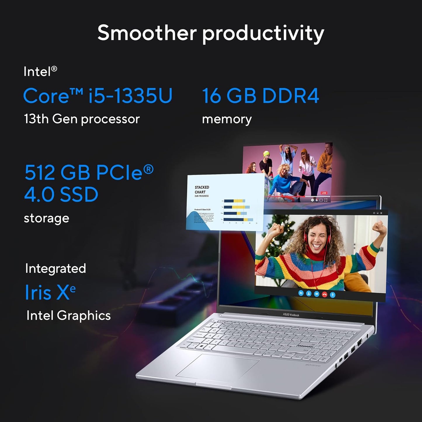ASUS INTEL CORE I5-1335U /16GB (8*2) DDR4 / 512GB PCIE 4.0 SSD / 15.6-INCH / 3K (2880 X 1620) OLED 16:9 /COOL SILVER /BACKLIT KB / WIN 11 HOME / MS OFFICE LAPTOP K3504VAD-MA542WS