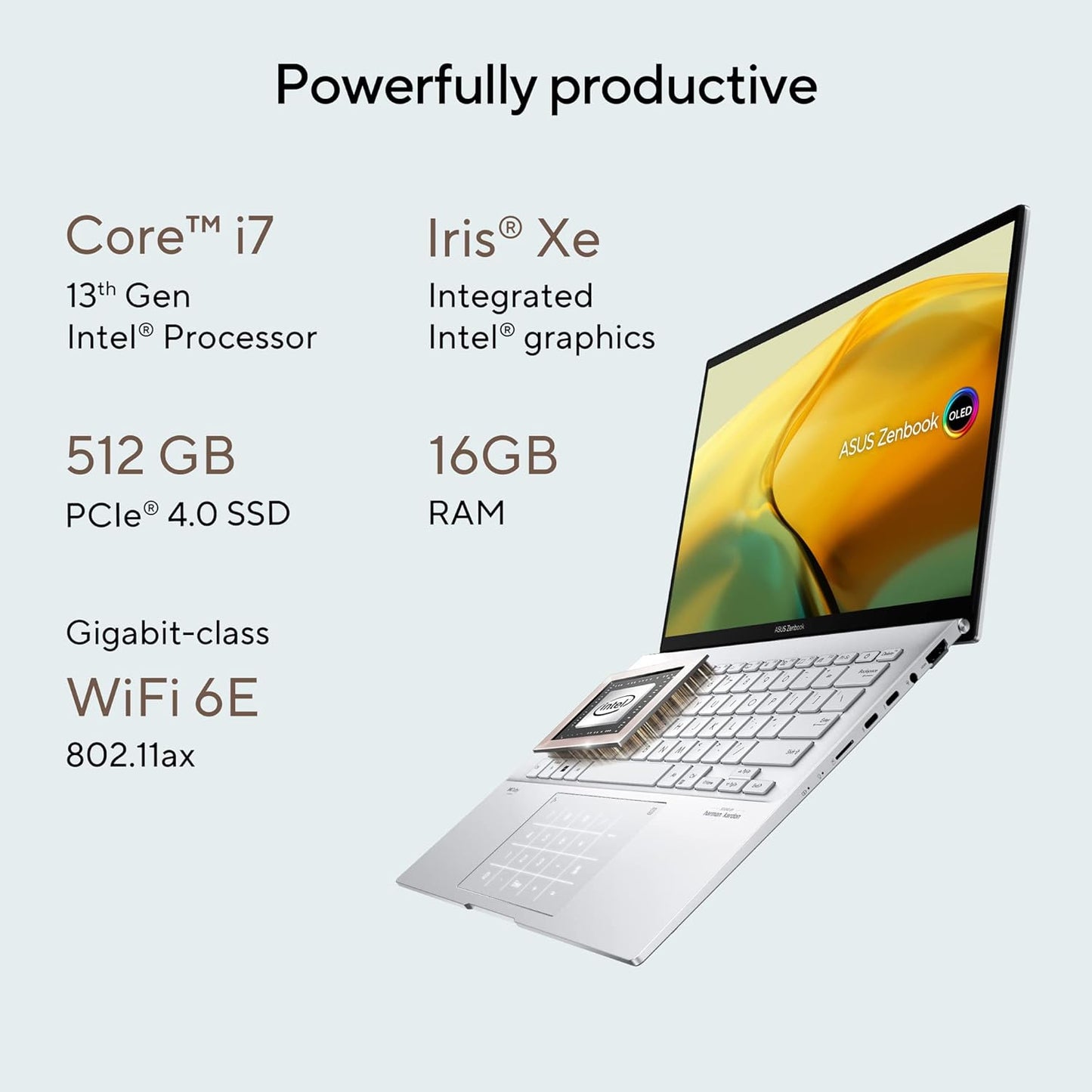ASUS ZENBOOK 14 OLED (2023), INTEL CORE I7-1360P 13TH GEN, 14" (35.56 CM) 2.8K 90HZ OLED, THIN & LIGHT LAPTOP (16GB/512GB SSD/IRIS XE/WIN 11/OFFICE 2021/75W BATTERY/SILVER/1.39 KG), UX3402VA-KN742WS