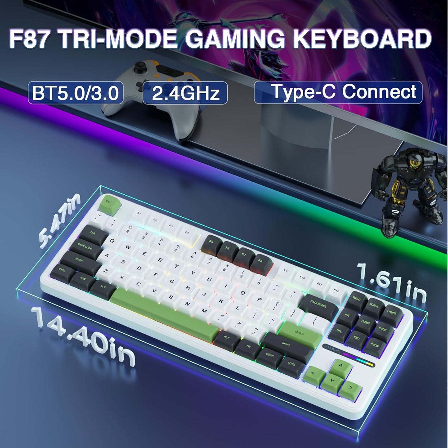 AULA F87 GREEN WHITE SWITCH MECHANICAL GAMING KEYBOARD