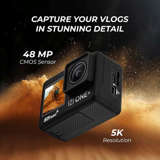 IZI ONE Plus 5K 48MP Action Camera - 6-Axis Gyro Stabilization, 110ft Waterproof, Vlogging, 170 FOV, WiFi, Dual Screen Video Camera, 2X 1350mAh Batteries, Fast C-Type Charge HQ External Mic