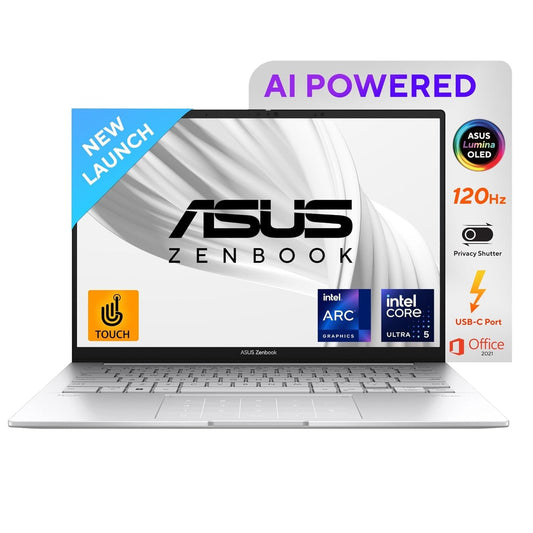 ASUS ZENBOOK 14 3K OLED 16:10 TOUCH, 120HZ, INTEL CORE ULTRA 5 125H 1.2 GHZ, AI BOOST NPU, THIN & LIGHT LAPTOP(16GB RAM/1TB SSD/WIN 11/OFFICE HOME/75WHR BATTERY/FOGGY SILVER/1.28 KG),UX3405MA-PZ551WS