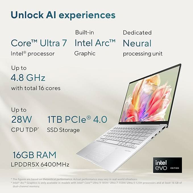 ASUS ZENBOOK 14 OLED, LIGHT WEIGHT LAPTOP, AI-POWERED INTEL EVO CORE ULTRA 7 155H (16GB/1TB/INTEL ARC GRPH/35.56 CM (14) 3K/WINDOWS 11 HOME) UX3405MA-PZ751WS