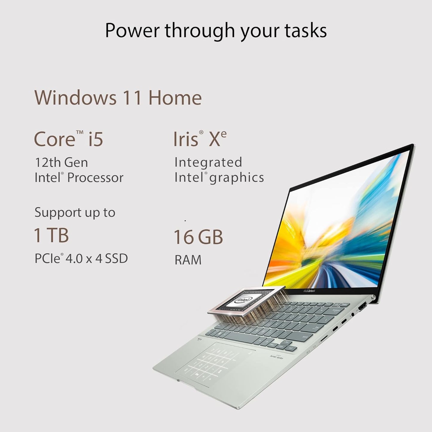 ASUS ZENBOOK 14 OLED (2022), 14" (35.56 CMS) 2.8K OLED 16:10 90HZ, INTEL CORE I5-1240P 12TH GEN, THIN AND LAPTOP (16GB/512GB SSD/IRIS XE GRAPHICS/WIN 11/OFFICE 2021/CELADON/1.39 KG), UX3402ZA-KM532WS