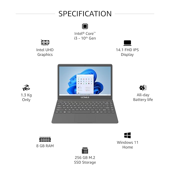 FUTOPIA ULTIMUS NEO 10TH GEN INTEL CORE I3 8 GB RAM/ 256GB SSD, 14.1-INCH (35.8 CM) FHD IPS DISPLAY TYPE-C PORT WIN 11 HOME MATT BLACK 1.30 KG THIN & LIGHT NU14U3INT54BN-BK