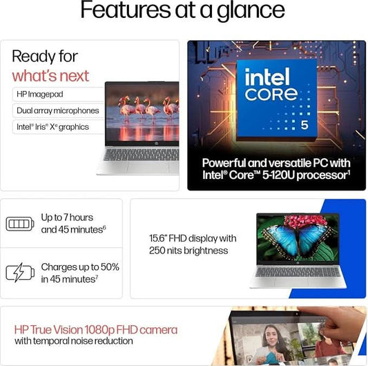 HP 15-fd0665TU Laptop, Intel Core 5 120U, 16GB RAM, 512GB SSD, 15.6 Inch FHD Display, Windows 11 Home, Microsoft Office, Natural Silver