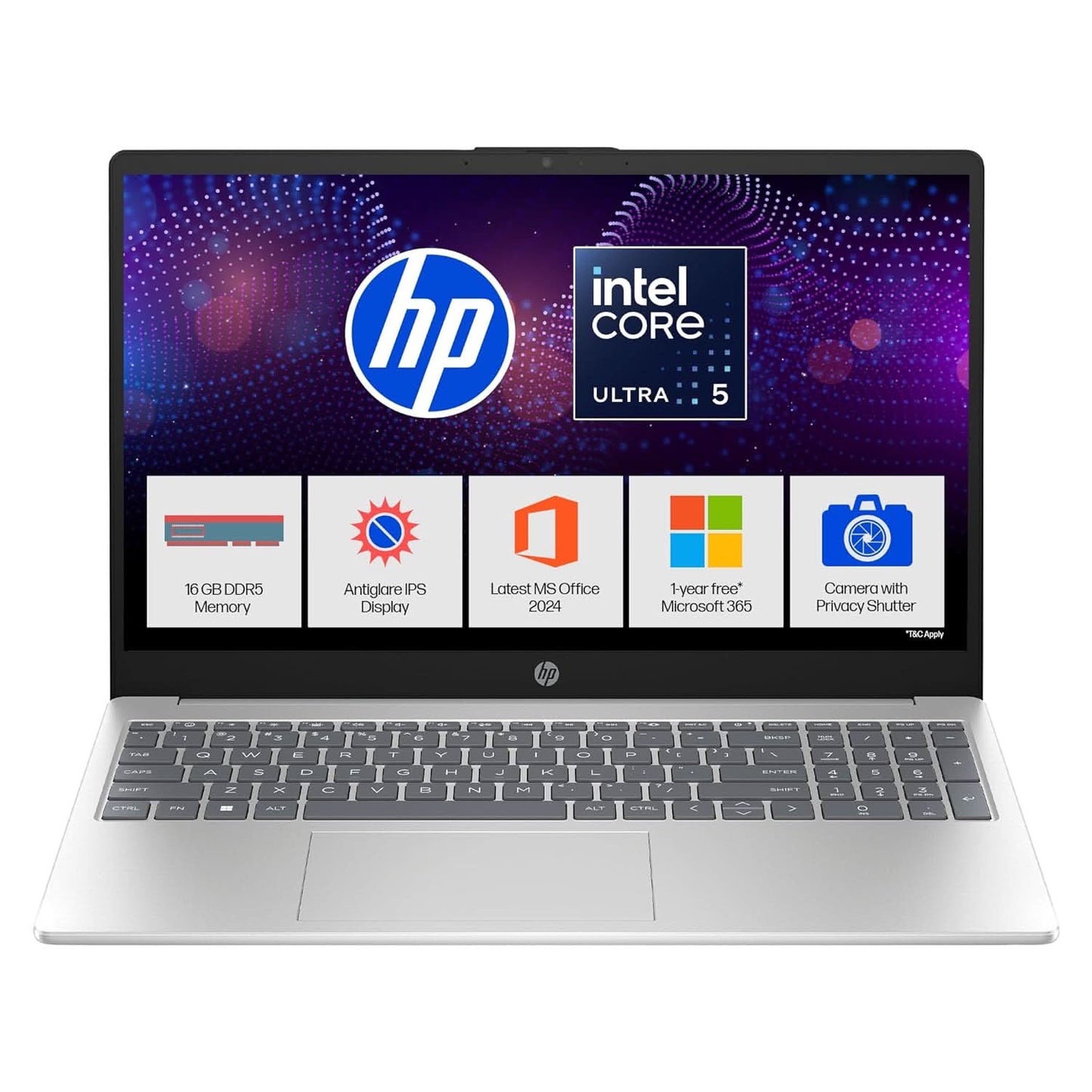 HP 15, Intel Core Ultra 5 125H Laptop (16GB DDR5,512GB SSD) IPS, Anti-Glare, Micro-Edge, 15.6''/39.6cm, FHD, Win11,M365 Basic(1yr),Office Home24, Silver,1.65kg, FHD Camera w/Shutter,Backlit, fd1254TU