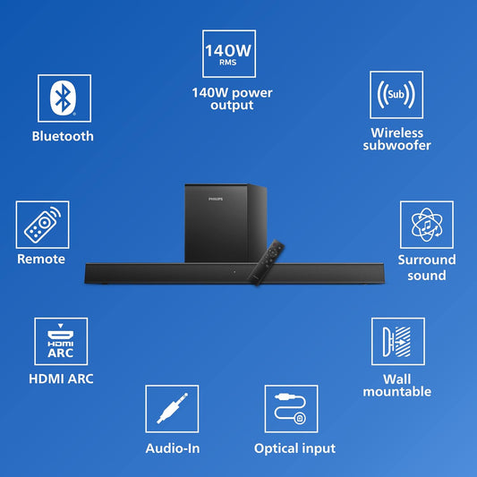 PHILIPS AUDIO TAB5305 2.1CH 140W BLUETOOTH SOUNDBAR WITH WIRELESS SUBWOOFER, MULTIPLE CONNECTIVITY, METAL GRILLE AND POWERFUL BASS