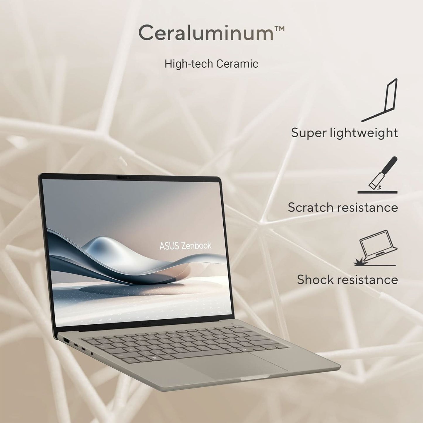 ASUS ZENBOOK A14, SNAPDRAGON X ELITE PROCESSOR,(QUALCOMM ADRENO IGPU/16GB RAM/512GB SSD/WINDOWS 11 HOME/MS OFFICE 365 BASIC (1YEAR)*/14 INCH FHD+ OLED/AI PC/ZABRISKIE BEIGE/0.98 KG), UX3407RA-QD054WS