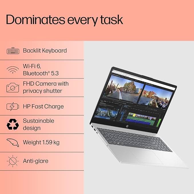 HP 15, 13th Gen Intel Core i5-1334U Laptop (12GB DDR4,512GB SSD) Anti-Glare,Micro-Edge,15.6''/39.6cm, FHD, Win11,M365,Office24, Silver,1.59kg, Iris Xe Graphics, FHD Camera w/Privacy Shutter, fd0575TU