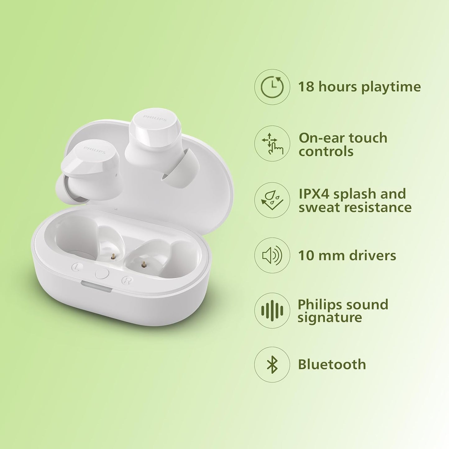 PHILIPS TAT1209WT/00 TRUE WIRELESS EARBUDS, IN-EAR ACTIVE NOISE CANCELLING BLUETOOTH V5.3 EARPHONES WITH MIC, 18H PLAY TIME, SHANK SHAPE, IPX4, TOUCH CONTROLS & CHARGING CASE FOR IPHONE/IPAD (WHITE)