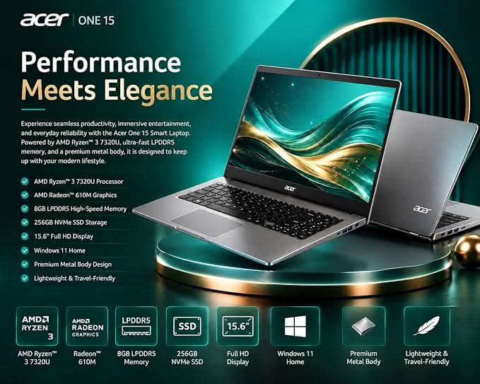 Acer One 15 Smart Laptop AO15-41M-G2, AMD Ryzen 3 7320U, AMD Radeon 610M Graphics, 8GB LPDDR5 RAM, 256GB NVMe SSD, 15.6 inch FHD Display, Windows 11 Home and MS Office, Silver