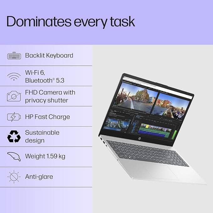HP 15 Smartchoice, FD0572TU, 13th Gen Intel Core i3-1315U(8GB DDR4,512GB SSD) FHD, Anti-Glare, 15.6 inch, Win11, M365(1yr) x MS Office, 1.59kg, FHD Camera w/Shutter, Backlit Laptop, Silver