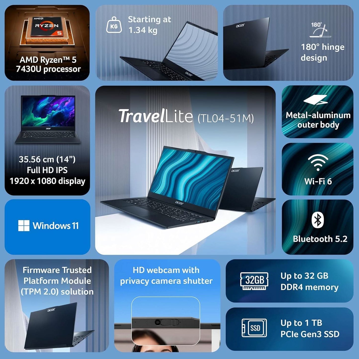 Acer TravelLite Thin Laptop AMD Ryzen 5 7430U (6-Core), 8GB RAM, 512GB SSD, 14 Inch Full HD Anti-Glare Display, Privacy Shutter, Windows 11, Metal Body, 1.34Kg, Black, 1 Year Warranty