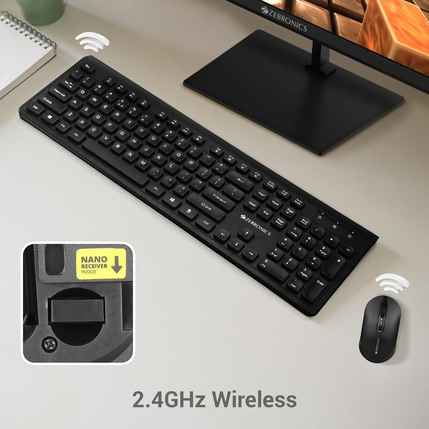 ZEBRONICS COMPANION 130 2.4GHZ WIRELESS KEYBOARD & MOUSE COMBO, 105 KEYS, 12 INTEGRATED MULTIMEDIA KEYS, 4 BUTTON MOUSE, UPTO 1600 DPI, HIGH PRECISION, ADVANCED OPTICAL SENSOR (BLACK)