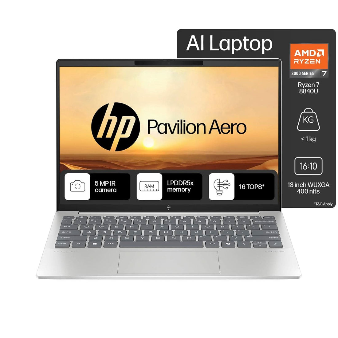 HP PAVILION AERO AI LAPTOP, AMD RYZEN 7 8840U, 16 TOPS, 16GB LPDDR5X,