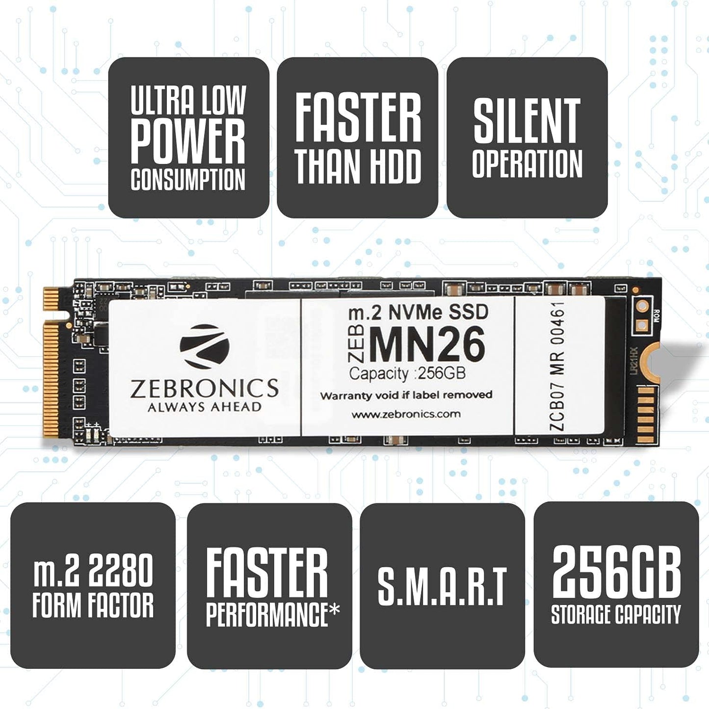 ZEBRONICS ZEB-MN26 256GB M.2 NVME SOLID STATE DRIVE (SSD), WITH 1900MB/S READ SPEED, PCIE GEN 3.0, NEXT LEVEL PERFORMANCE, ULTRA LOW POWER CONSUMPTION, THERMAL MANAGEMENT AND SILENT OPERATION.