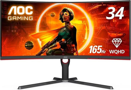 AOC 34 VA CURVED, 1000 R, WQHD 3440 X 1440, 165 HZ, 1 MS, 300 CD/M². HDMI 2.0 X 2, DP 1.4 X 2. USB 3