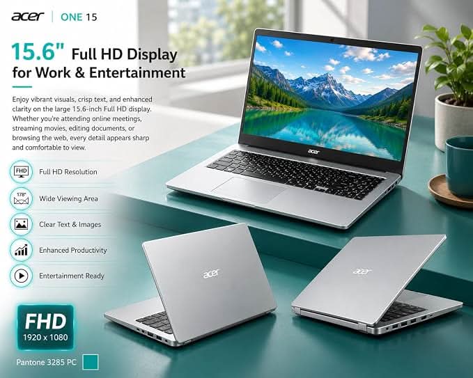 Acer One 15 Smart Laptop AO15-41M-G2, AMD Ryzen 3 7320U, AMD Radeon 610M Graphics, 8GB LPDDR5 RAM, 256GB NVMe SSD, 15.6 inch FHD Display, Windows 11 Home and MS Office, Silver