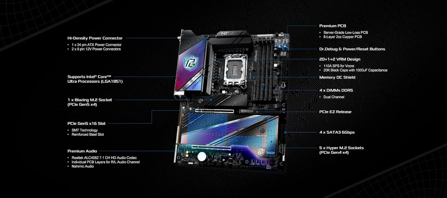ASRock Intel Core Ultra Z890 Nova WiFi 7 Phantom Gaming ATX Motherboard