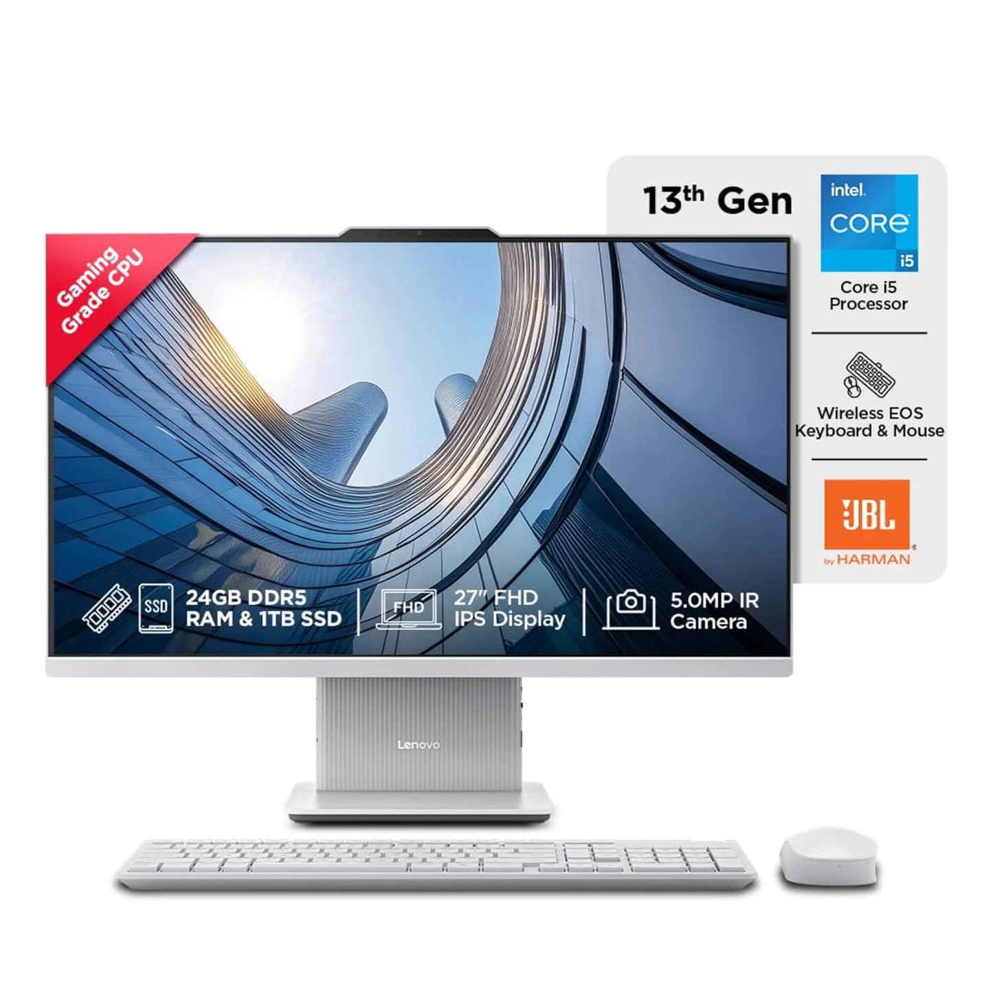 Lenovo IdeaCentre AIO Intel Core i5-13420H 27" FHD (24GB RAM/1TB SSD/Win11/Microsoft 365 Basic + Office Home 2024/3Wx2 Harman/Wireless EOS Keyboard & Mouse,Grey), F0HM00W6IN All-in-One Desktop