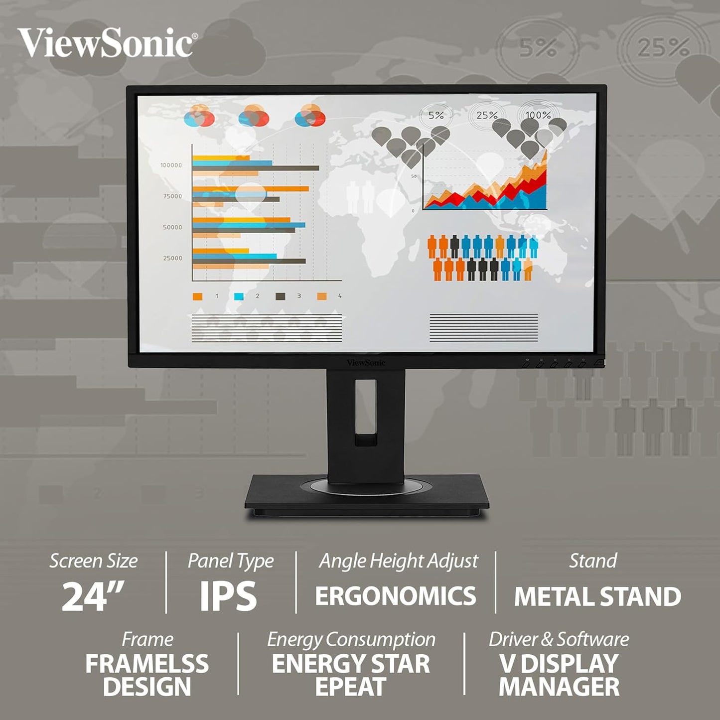 ViewSonic VG2448 60.96 Cm (24") Full HD IPS Professional Monitor| Dual Speakers| Hight Adjustable | Tilt,Pivort,Swivel |USB Hub, DP, HDMI, VGA | Srgb104%, vDisplay Manager