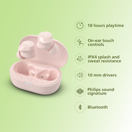 PHILIPS TAT1209PK/00 TRUE WIRELESS EARBUDS, IN-EAR ACTIVE NOISE CANCELLING BLUETOOTH V5.3 EARPHONES WITH MIC, 18H PLAY TIME, SHANK SHAPE, IPX4,