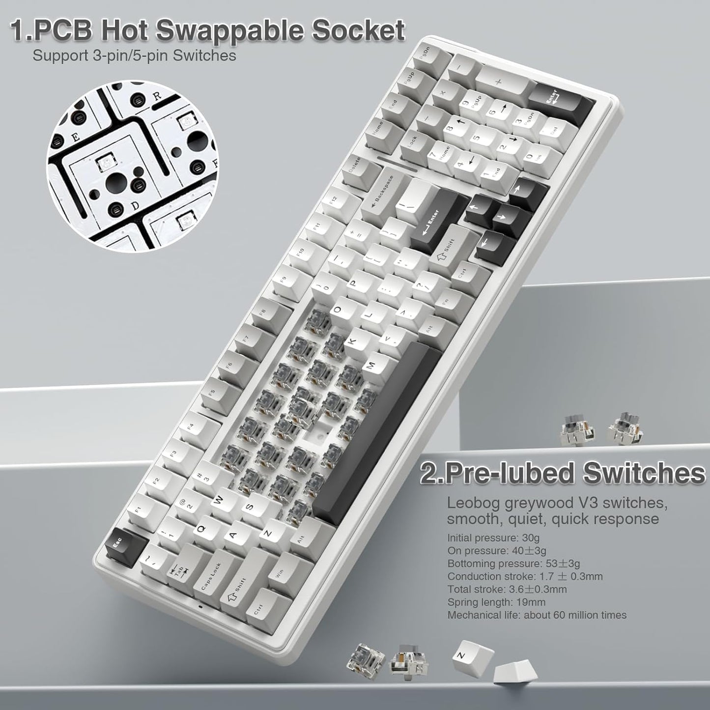 AULA F99 GRAY WHITE GRAYWOOD SWITCH MECHANICAL GAMING KEYBOARD