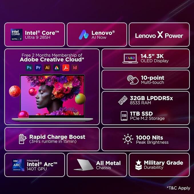 Lenovo Yoga Pro 7 Aura Edition Intel Evo Core Ultra 9 285H (32GB RAM/1TB SSD/14.5 Inch (36.8cm)/3K OLED Touchscreen/AI PC/Copilot+ PC/Windows 11/Office Home 2024 AI Now/Grey/1.5Kg), 83KF004CIN
