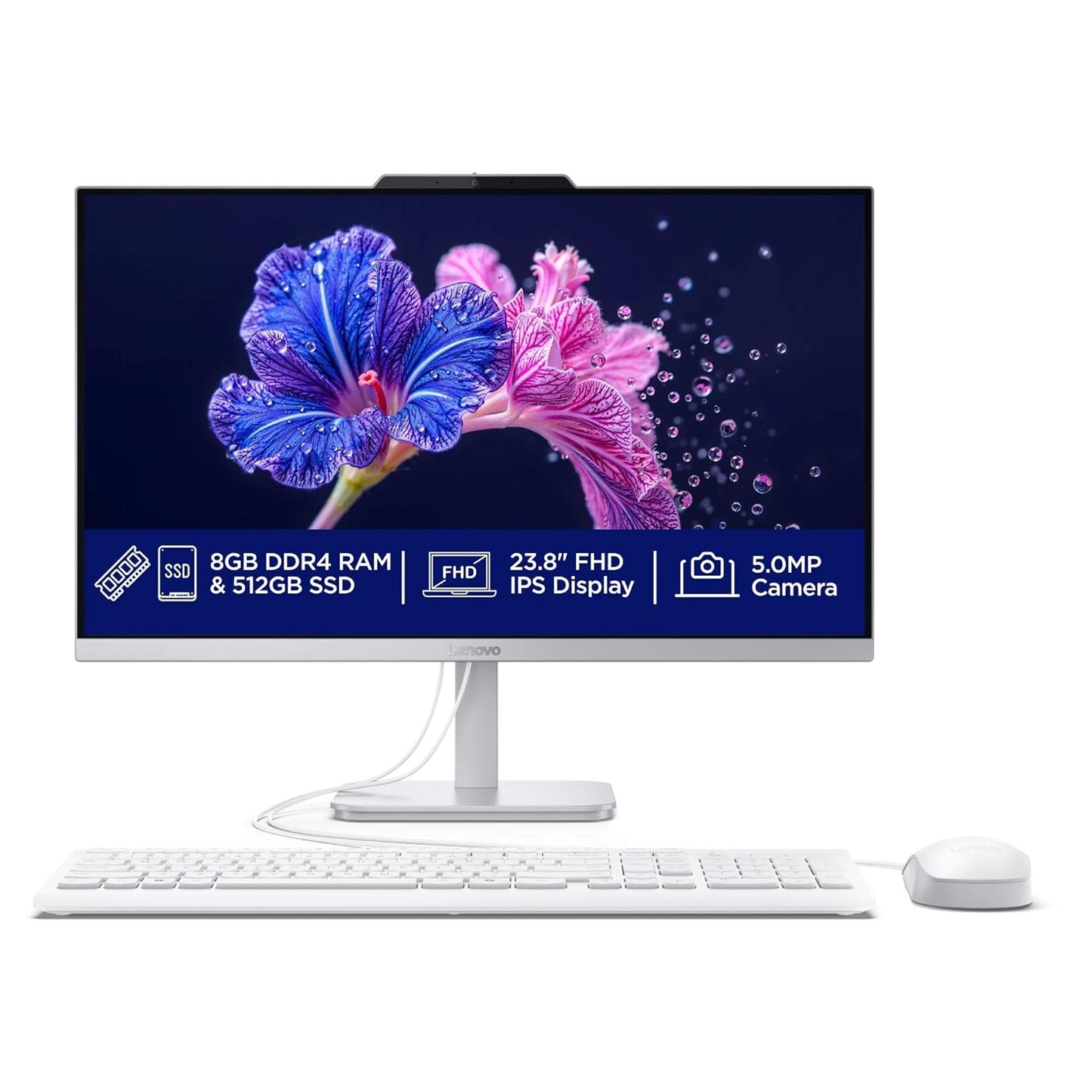 Lenovo A100 All in one Intel Core i3-N305 23.8" FHD (1920x1080) 3-Side Edgeless All-in-One Desktop (8GB/512GB SSD/Win11/MS Office 2024/5MP Camera/USB Calliope Keyboard & Mouse) F0J6005GIN