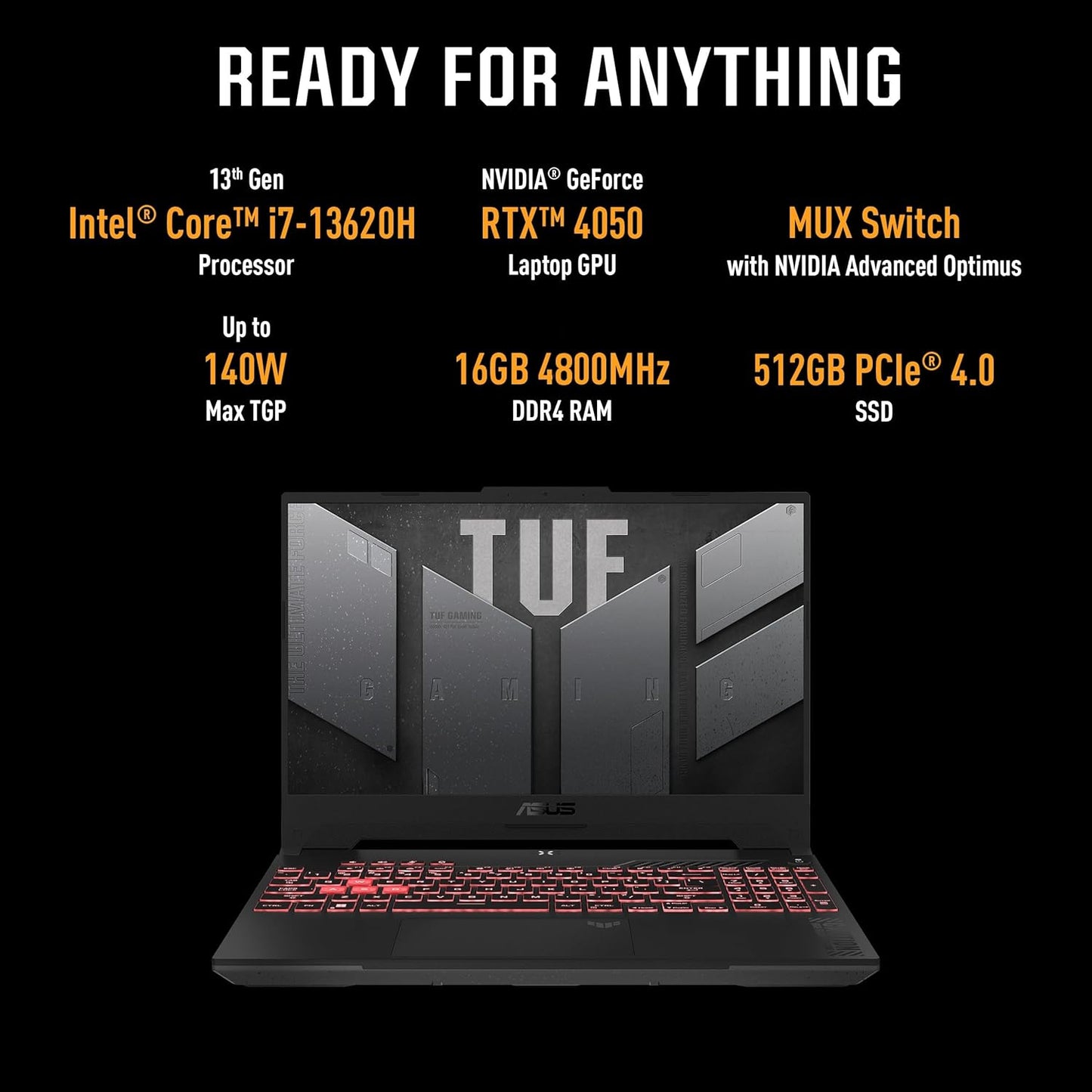ASUS TUF GAMING F15, GAMING LAPTOP, 13TH GEN INTEL CORE I7-13620H, RTX 4050 GRPH (16GB/512GB/39.62 CMS (15.6) FHD/WIN 11 HOME) FX507VU-LP210W