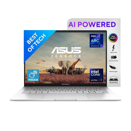 ASUS Zenbook 14, Intel Core Ultra 7, 14 inch 3K OLED 16:10 120 Hz, Thin & Light Laptop, Built-in AI (32GB RAM/1 TB//Win 11/Office 2021/Backlit/Touchscreen/75WHr /Foggy Silver/1.28 Kg), UX3405MA-PZ761WS