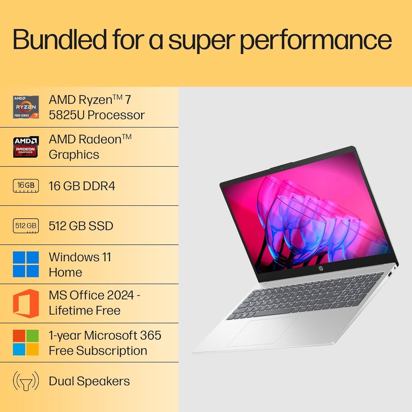 HP 15, AMD RYZEN 7 5825U LAPTOP (16GB DDR4,512GB SSD) ANTI-GLARE, MICRO-EDGE,15.6''/39.6CM, FHD, WIN11, M365 BASIC(1YR),OFFICE HOME24, SILVER,1.59KG, RADEON GRAPHICS, FHD CAMERA W/SHUTTER, FC0476AU