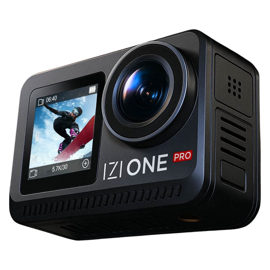 IZI One Pro 5.7k Action Camera | Ultra HD Sony STARVIS Sensor | 20M Body Waterproof | 2 x Battery with 240min Recording | Dual OLED, 6-Axis Gyro Stabilisation | HQ Mic Support | Reels, Vlogs & Bikes